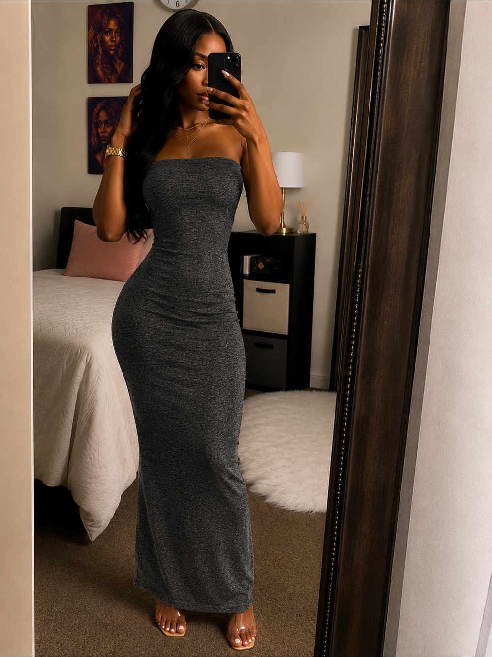Very Stretchy Small/Medium Strapless Maxi Dress in Charcoal